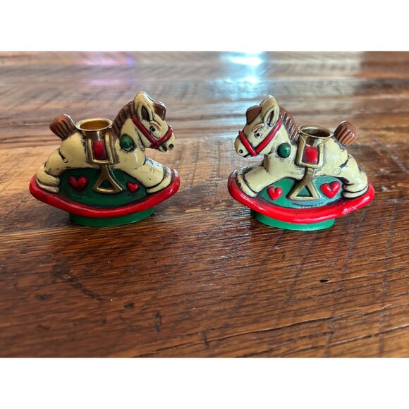 Vintage Rocking Horse Candle Holders - Set Of 2 Hand-Painted With Original Box C - Picture 3 of 11